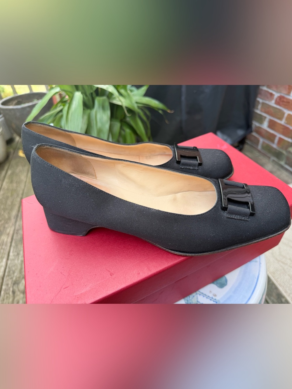 Salvatore Ferragamo Black Square-Toe Flats with Patent Logo Buckle *Size 38/8 - Picture 4 of 8